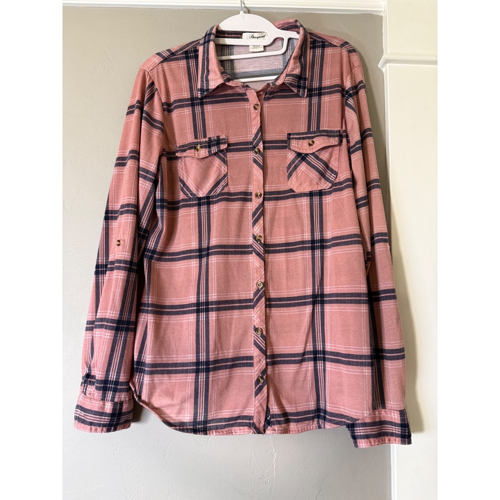 Passport Womens XL Pink Navy Blue Plaid Roll Tab Sleeve Button Down Shirt